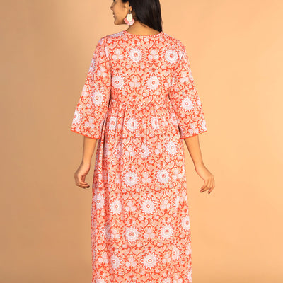 Floral Sanganeri hand block printed cotton dress