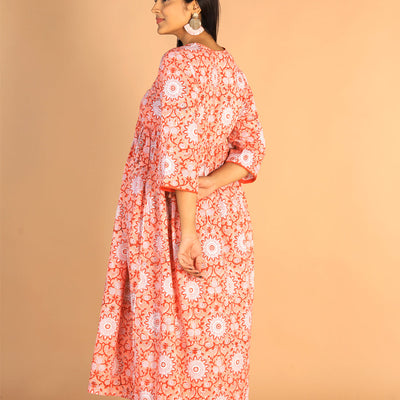 Floral Sanganeri hand block printed cotton dress