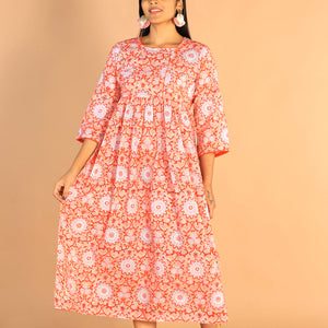 Floral Sanganeri hand block printed cotton dress