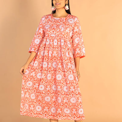 Floral Sanganeri hand block printed cotton dress