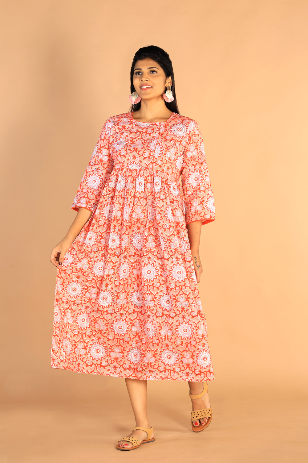 Floral Sanganeri hand block printed cotton dress
