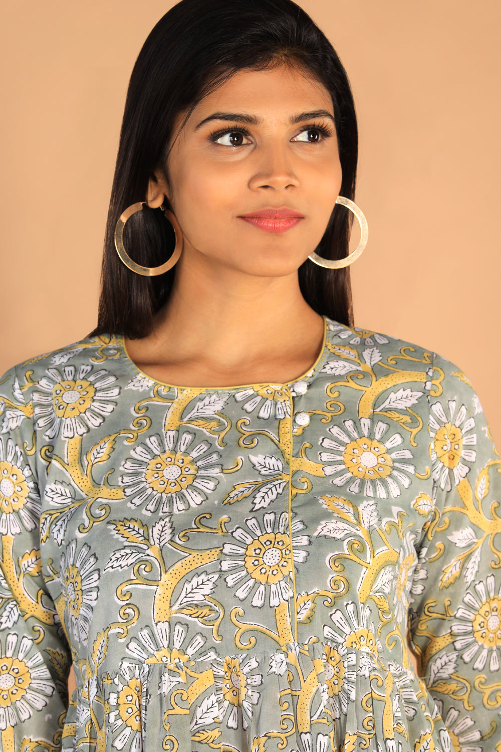 Floral Sanganeri hand block printed cotton dress