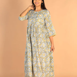 Floral Sanganeri hand block printed cotton dress