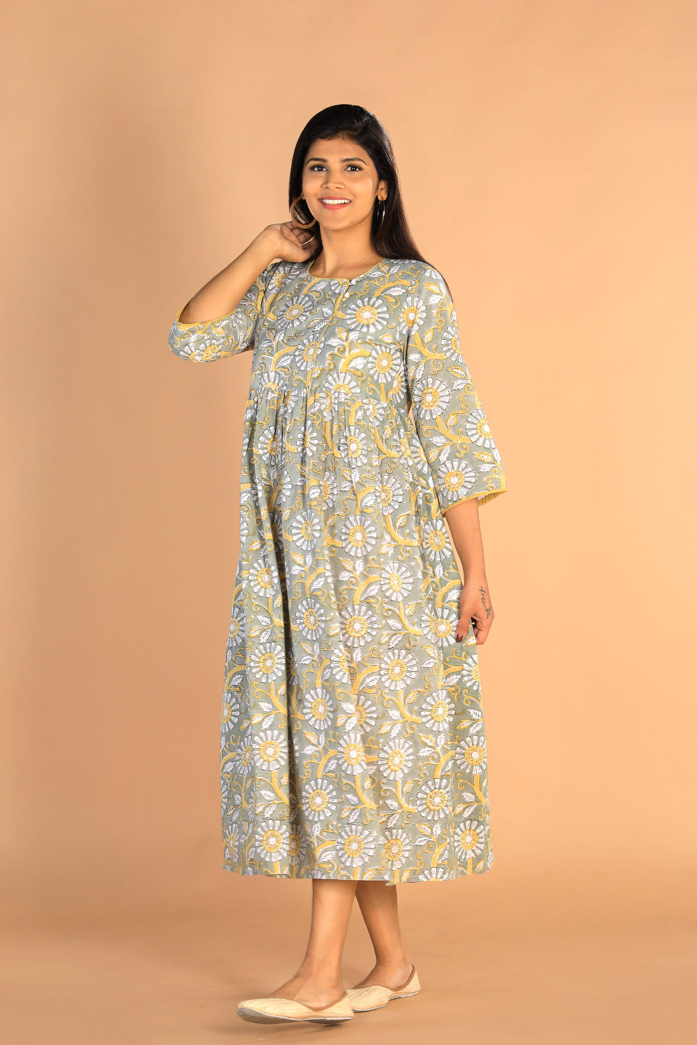 Floral Sanganeri hand block printed cotton dress