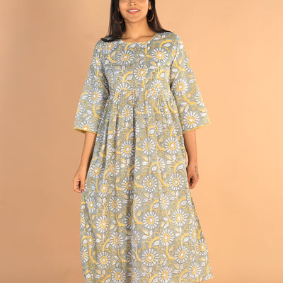 Floral Sanganeri hand block printed cotton dress