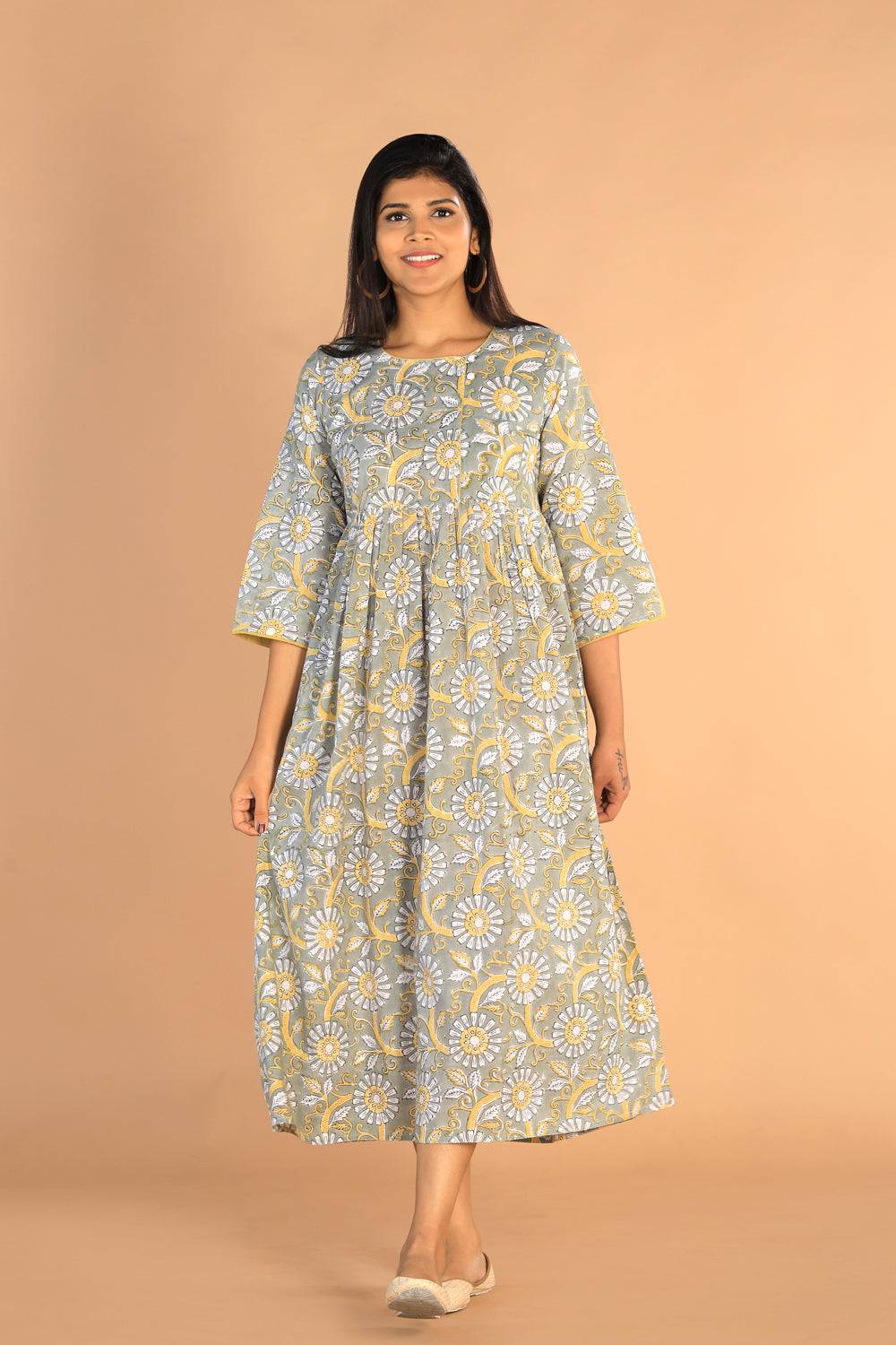 Floral Sanganeri hand block printed cotton dress