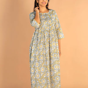 Floral Sanganeri hand block printed cotton dress