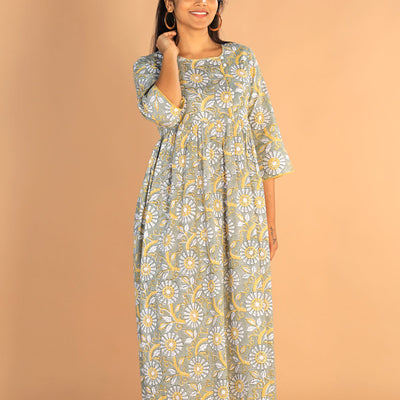 Floral Sanganeri hand block printed cotton dress