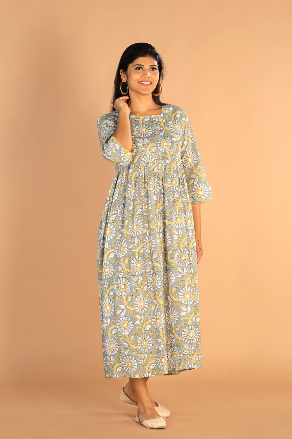 Floral Sanganeri hand block printed cotton dress