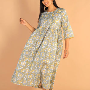 Floral Sanganeri hand block printed cotton dress