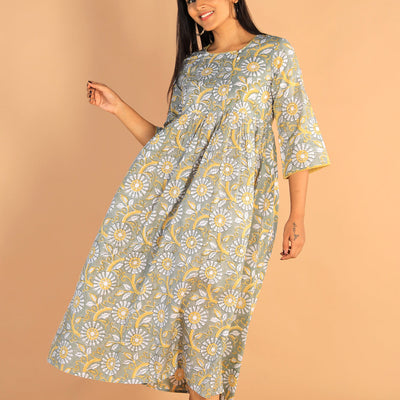 Floral Sanganeri hand block printed cotton dress