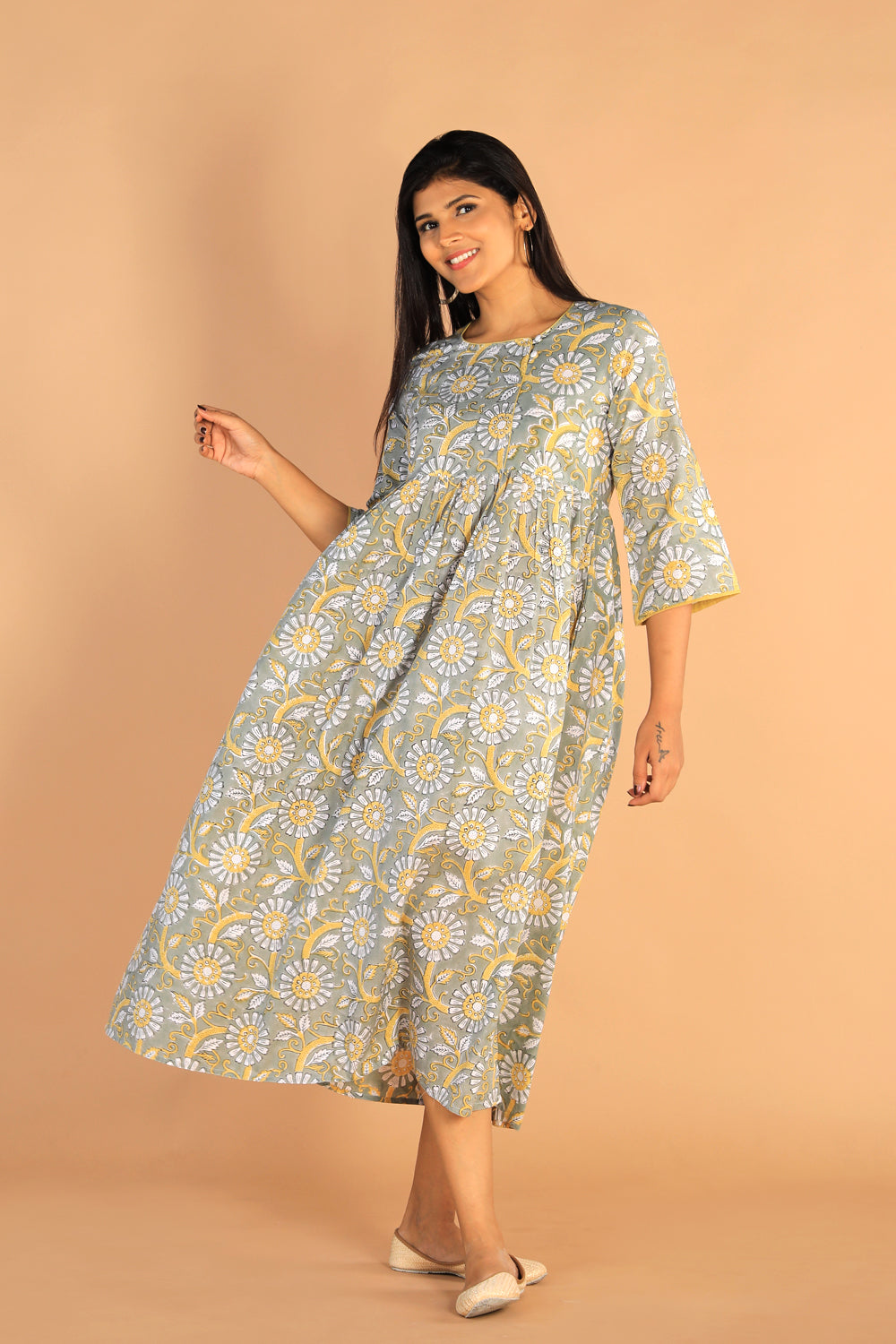 Floral Sanganeri hand block printed cotton dress