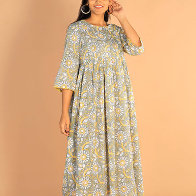 Floral Sanganeri hand block printed cotton dress