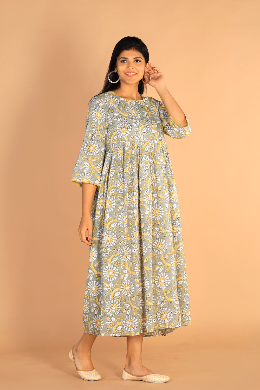 Floral Sanganeri hand block printed cotton dress