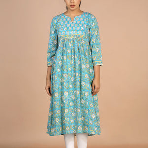 Floral sky blue Sanganeri handblock printed cotton Kurti