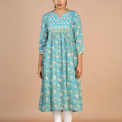 Floral sky blue Sanganeri handblock printed cotton Kurti