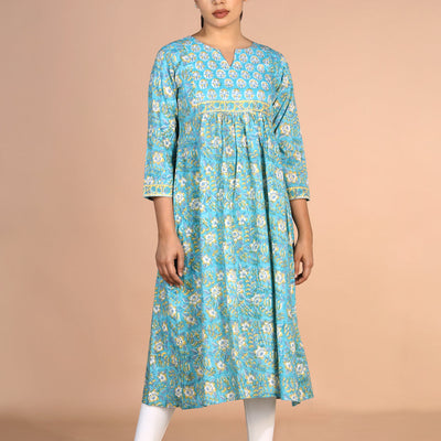 Floral sky blue Sanganeri handblock printed cotton Kurti