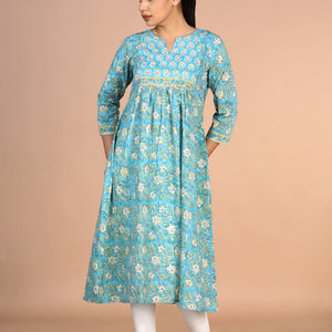 Floral sky blue Sanganeri handblock printed cotton Kurti