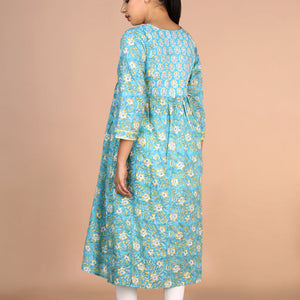 Floral sky blue Sanganeri handblock printed cotton Kurti