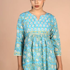 Floral sky blue Sanganeri handblock printed cotton Kurti