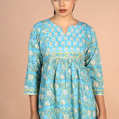Floral sky blue Sanganeri handblock printed cotton Kurti