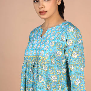 Floral sky blue Sanganeri handblock printed cotton Kurti