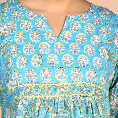 Floral sky blue Sanganeri handblock printed cotton Kurti