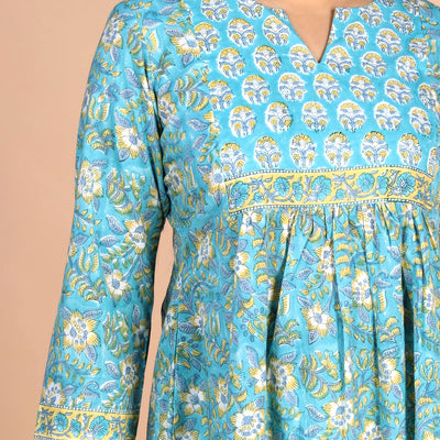 Floral sky blue Sanganeri handblock printed cotton Kurti