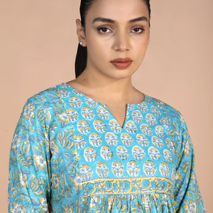 Floral sky blue Sanganeri handblock printed cotton Kurti
