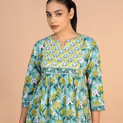 Floral Aqua blue Sanganeri handblock printed cotton Kurti