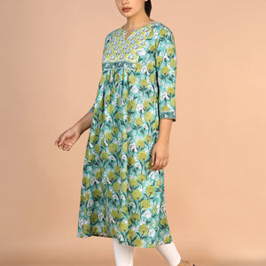 Floral Aqua blue Sanganeri handblock printed cotton Kurti