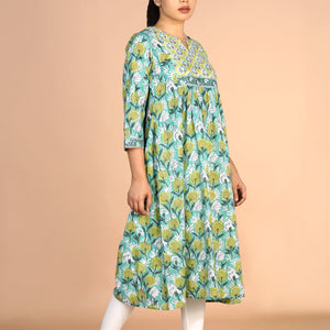 Floral Aqua blue Sanganeri handblock printed cotton Kurti