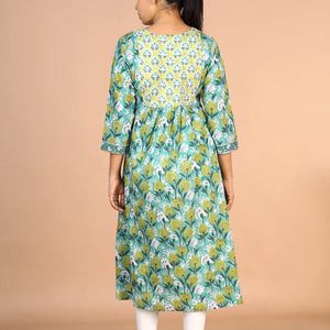 Floral Aqua blue Sanganeri handblock printed cotton Kurti