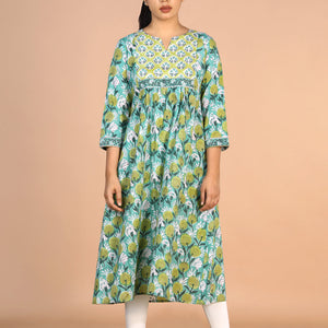 Floral Aqua blue Sanganeri handblock printed cotton Kurti