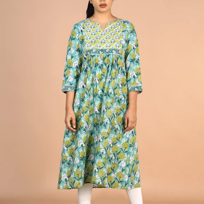 Floral Aqua blue Sanganeri handblock printed cotton Kurti