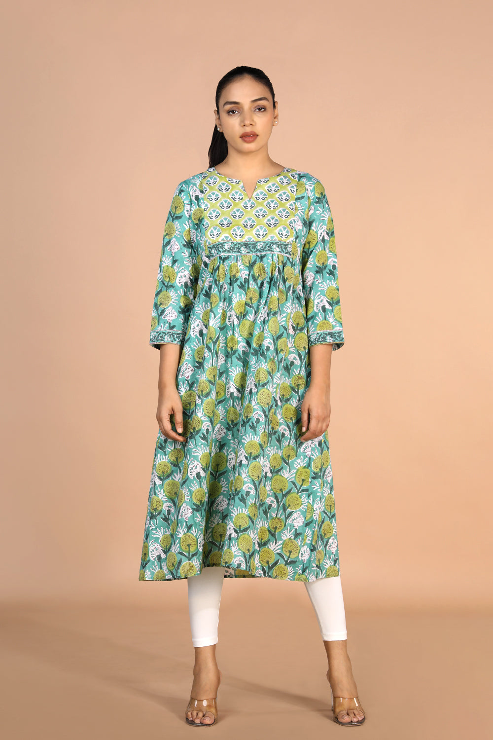 Floral Aqua blue Sanganeri handblock printed cotton Kurti
