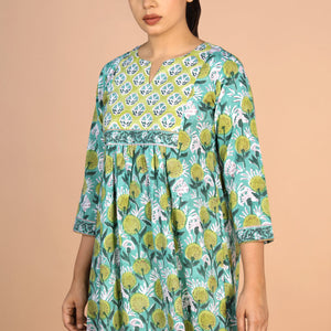 Floral Aqua blue Sanganeri handblock printed cotton Kurti