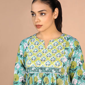 Floral Aqua blue Sanganeri handblock printed cotton Kurti