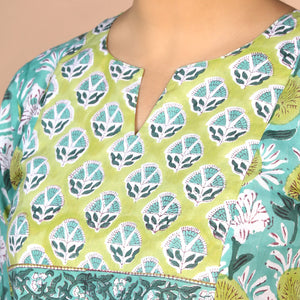 Floral Aqua blue Sanganeri handblock printed cotton Kurti