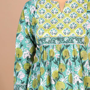 Floral Aqua blue Sanganeri handblock printed cotton Kurti