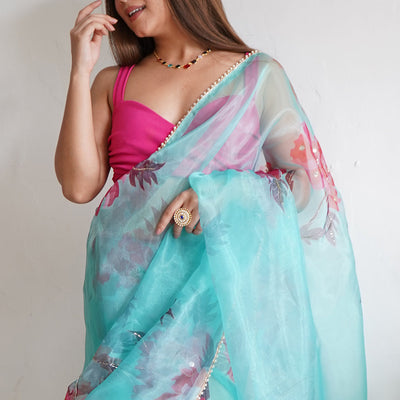 Sky Blue Organza Saree