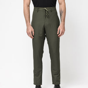 Rare Rabbit Men's Saco Olive Polyester Fabric Regular Fit Drawstring Closure Seersucker Trouser