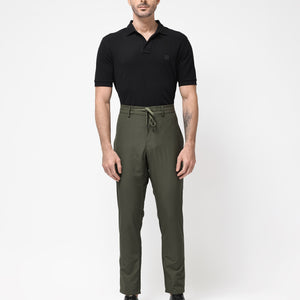 Rare Rabbit Men's Saco Olive Polyester Fabric Regular Fit Drawstring Closure Seersucker Trouser