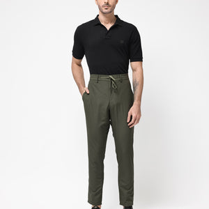 Rare Rabbit Men's Saco Olive Polyester Fabric Regular Fit Drawstring Closure Seersucker Trouser