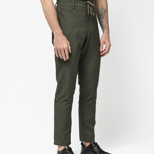 Rare Rabbit Men's Saco Olive Polyester Fabric Regular Fit Drawstring Closure Seersucker Trouser