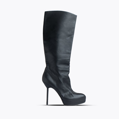 Yves Saint Laurent Rive Gauche Knee Length Black Leather Heeled Boots