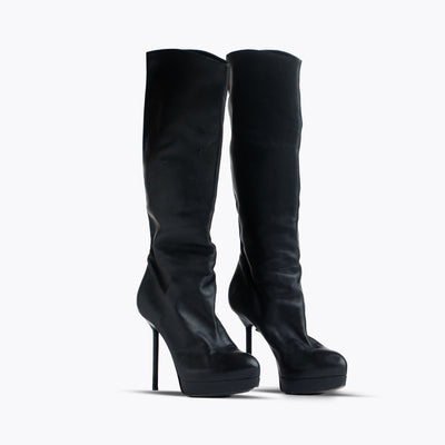 Yves Saint Laurent Rive Gauche Knee Length Black Leather Heeled Boots