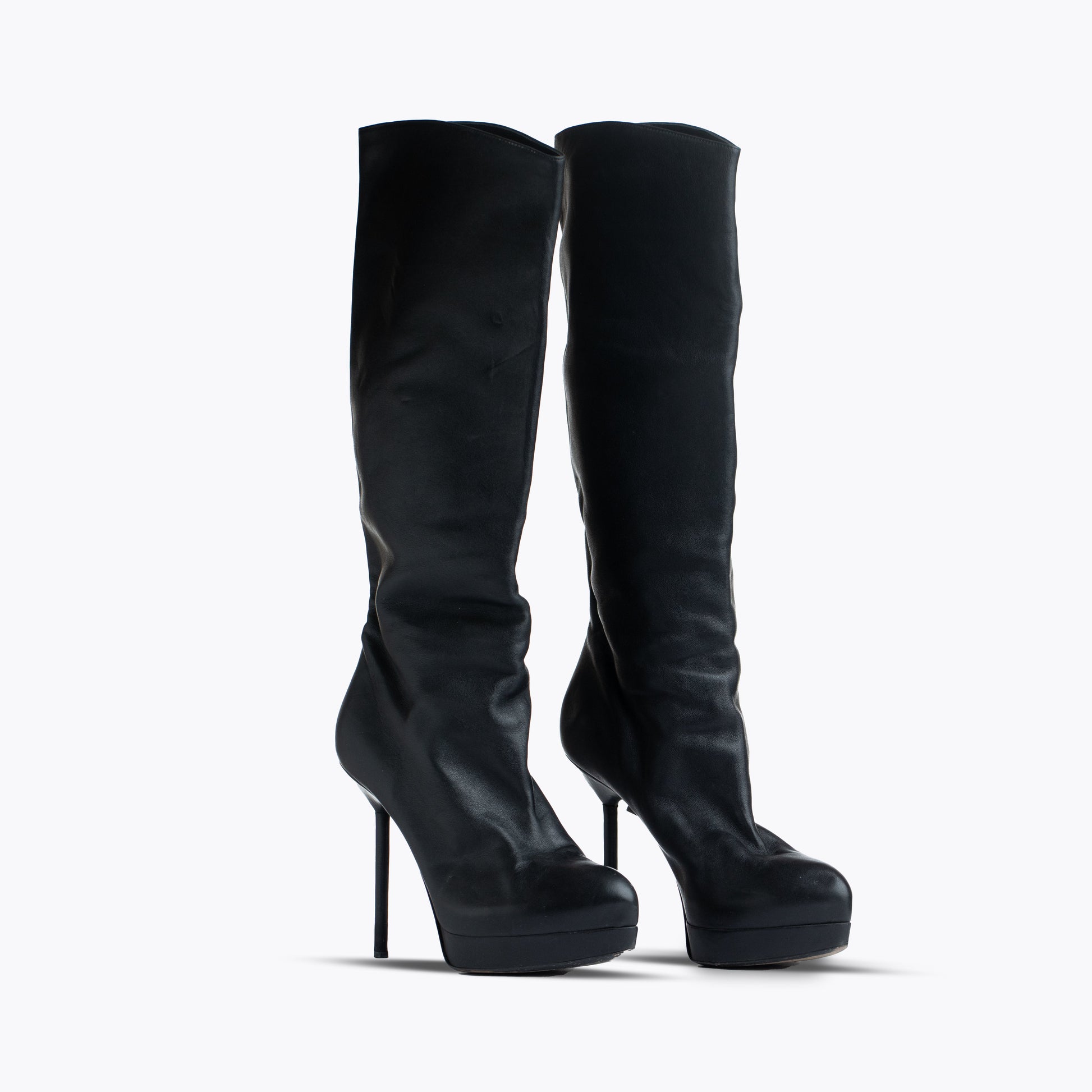 Yves Saint Laurent Rive Gauche Knee Length Black Leather Heeled Boots