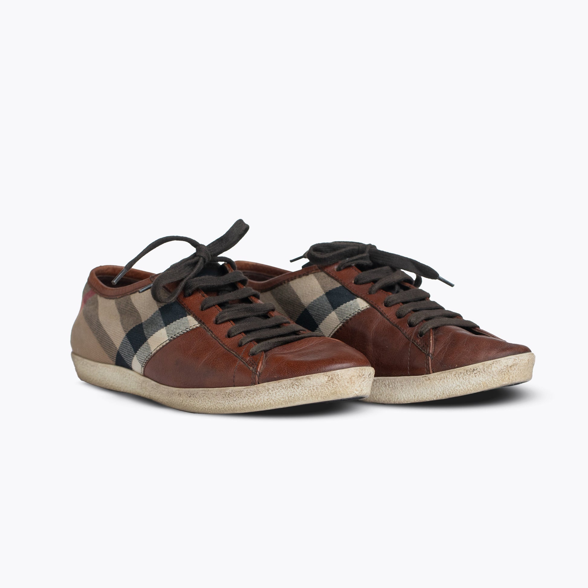 Burberry Brown Leather And Nova Check Canvas Low Top