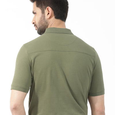 Rare Rabbit Mens Salis-2 Light Olive Cotton Fabric Collared Neck Zipper And Snap Button Closure Half Sleeves Polo T-Shirt